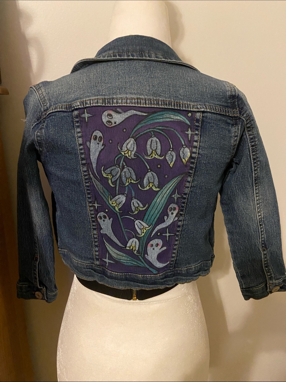 Girls' Blue Denim Jacket with Purple Floral & Ghost Panel